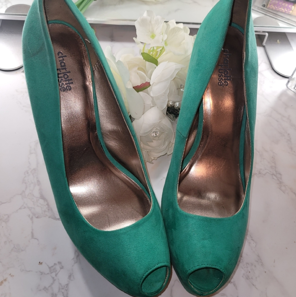 Teal peep toe platform pumps